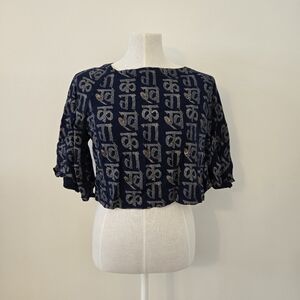 Bombay Paisley Navy Blue Cropped Blouse Size M